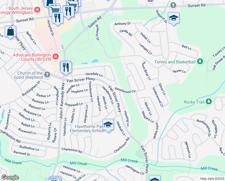 map of restaurants, bars, coffee shops, grocery stores, and more near 220 Van Sciver Parkway in Willingboro