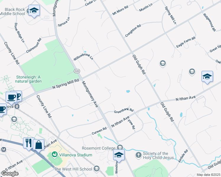 map of restaurants, bars, coffee shops, grocery stores, and more near 330 Baintree Road in Bryn Mawr