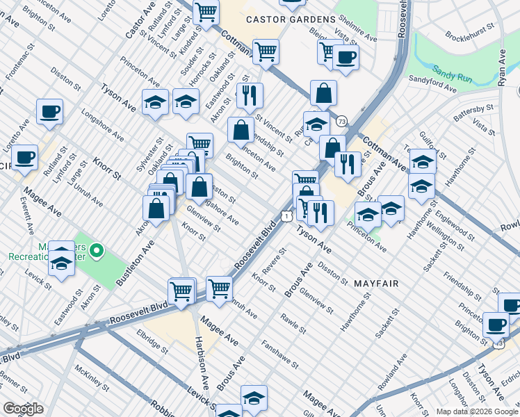 map of restaurants, bars, coffee shops, grocery stores, and more near 2244 Tyson Avenue in Philadelphia