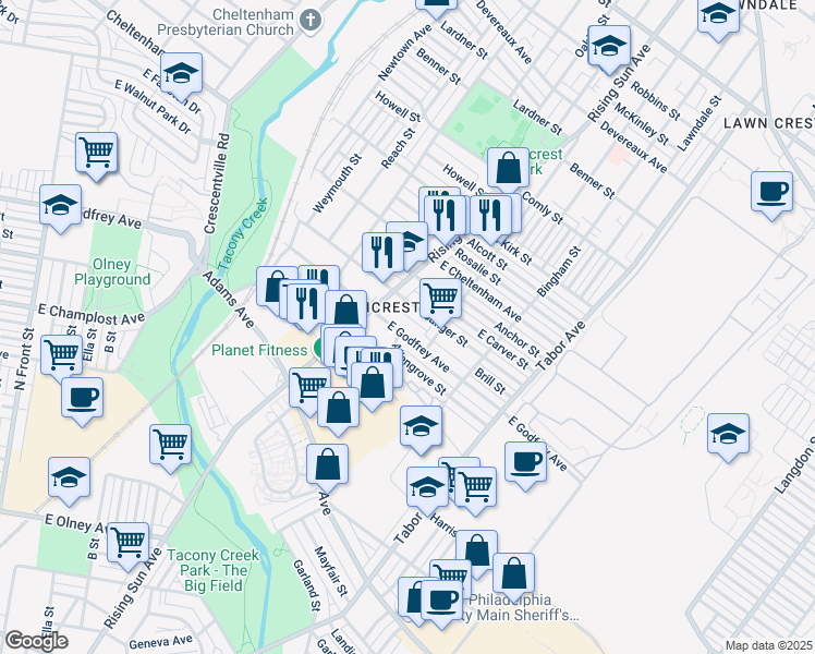 map of restaurants, bars, coffee shops, grocery stores, and more near 525 East Godfrey Avenue in Philadelphia