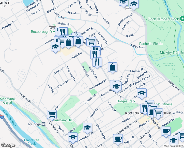 map of restaurants, bars, coffee shops, grocery stores, and more near 6738 Mitchell Street in Philadelphia