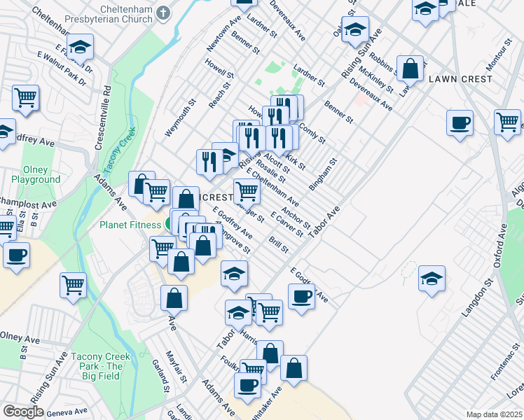 map of restaurants, bars, coffee shops, grocery stores, and more near 554 East Carver Street in Philadelphia