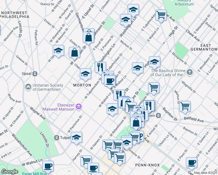 map of restaurants, bars, coffee shops, grocery stores, and more near 25 East Walnut Lane in Philadelphia
