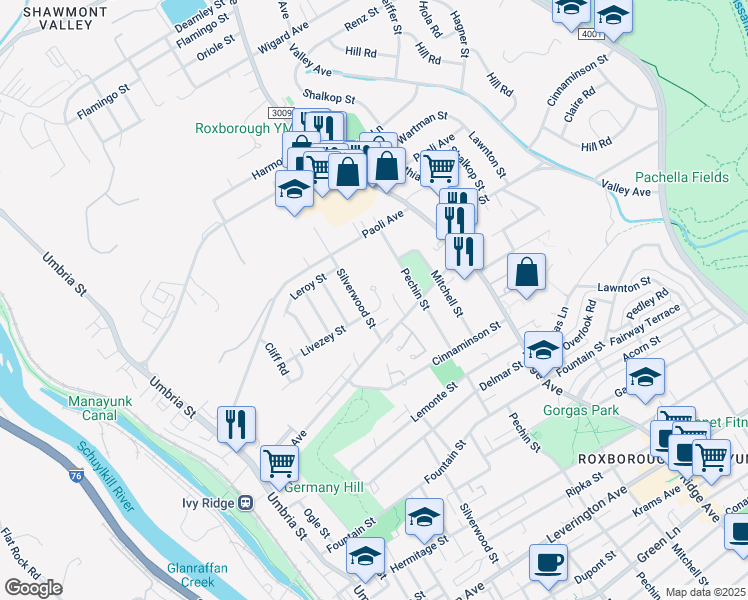 map of restaurants, bars, coffee shops, grocery stores, and more near 404 Livezey Street in Philadelphia