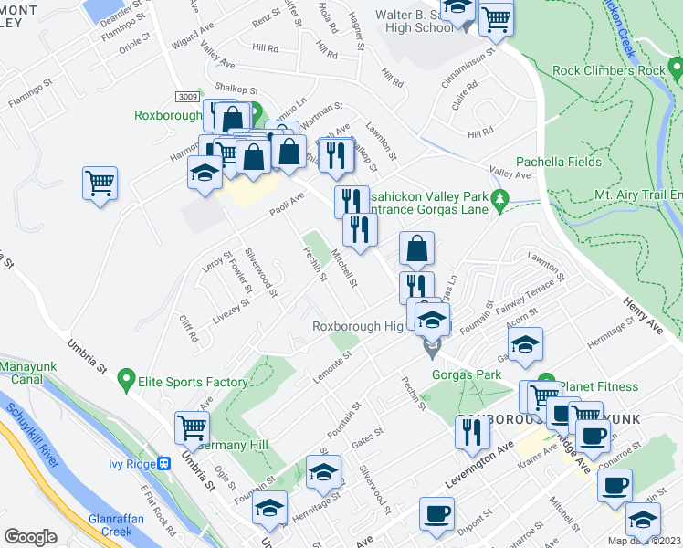 map of restaurants, bars, coffee shops, grocery stores, and more near 6738 Mitchell Street in Philadelphia