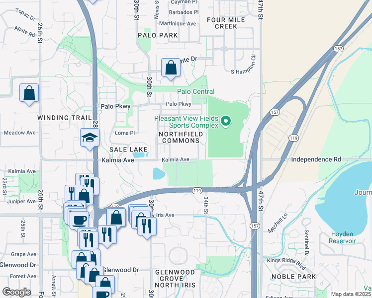 map of restaurants, bars, coffee shops, grocery stores, and more near 3245 Kalmia Avenue in Boulder
