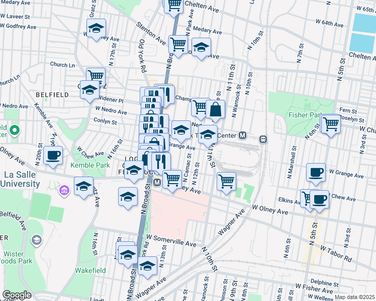 map of restaurants, bars, coffee shops, grocery stores, and more near 5754 North Camac Street in Philadelphia