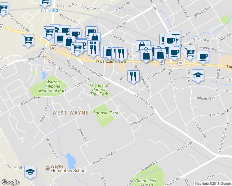 map of restaurants, bars, coffee shops, grocery stores, and more near 311 West Wayne Avenue in Wayne