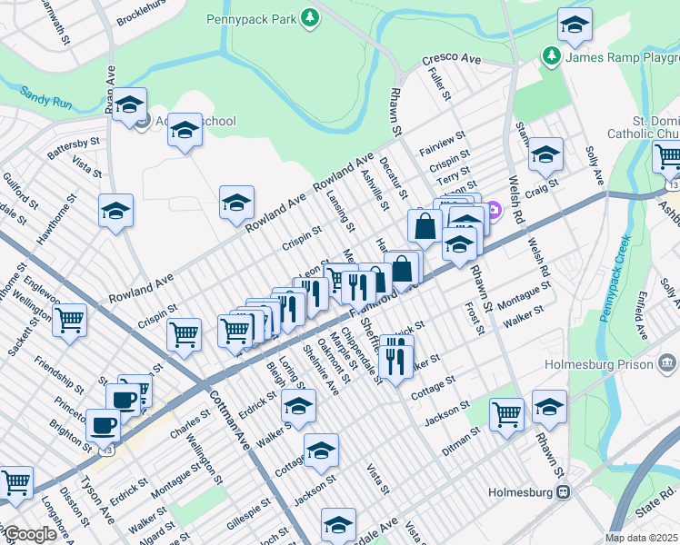 map of restaurants, bars, coffee shops, grocery stores, and more near 3529 Sheffield Avenue in Philadelphia