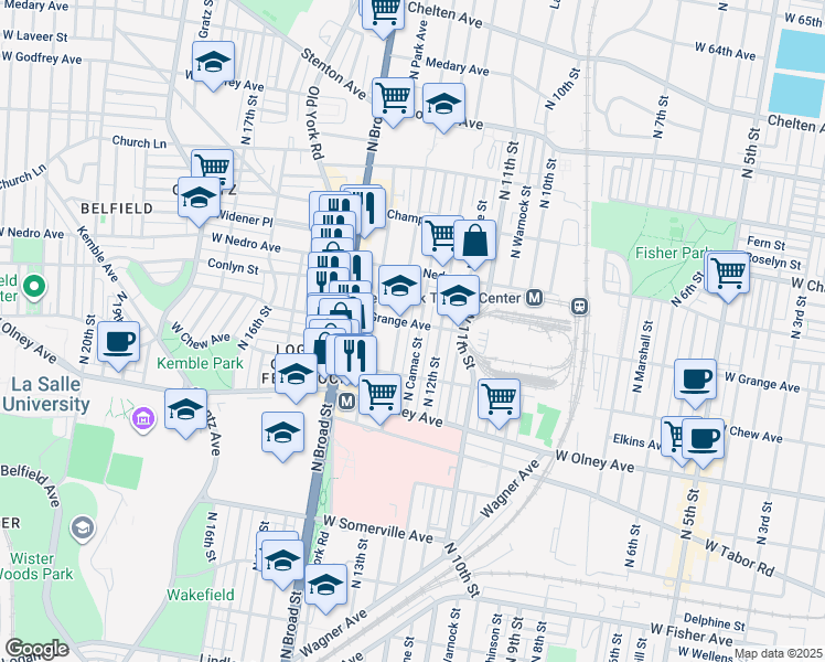 map of restaurants, bars, coffee shops, grocery stores, and more near 5754 North Camac Street in Philadelphia