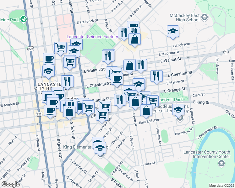 map of restaurants, bars, coffee shops, grocery stores, and more near 111 N Plum St in Lancaster