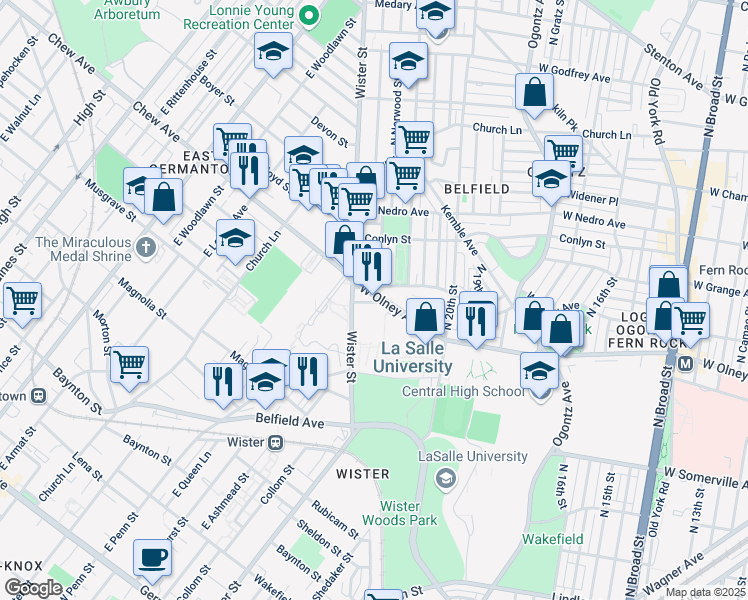 map of restaurants, bars, coffee shops, grocery stores, and more near 2145 Elkins Avenue in Philadelphia