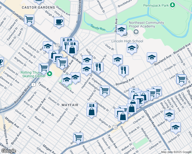 map of restaurants, bars, coffee shops, grocery stores, and more near 3122 Cottman Avenue in Philadelphia