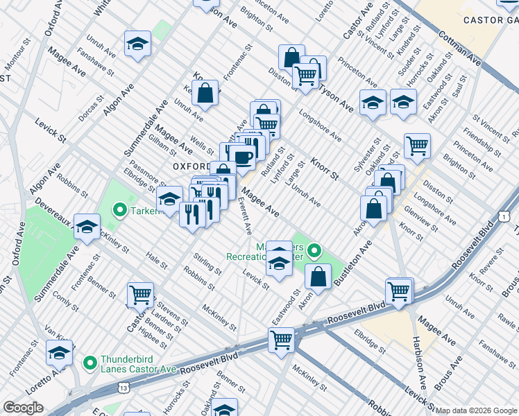 map of restaurants, bars, coffee shops, grocery stores, and more near 1536 Magee Avenue in Philadelphia