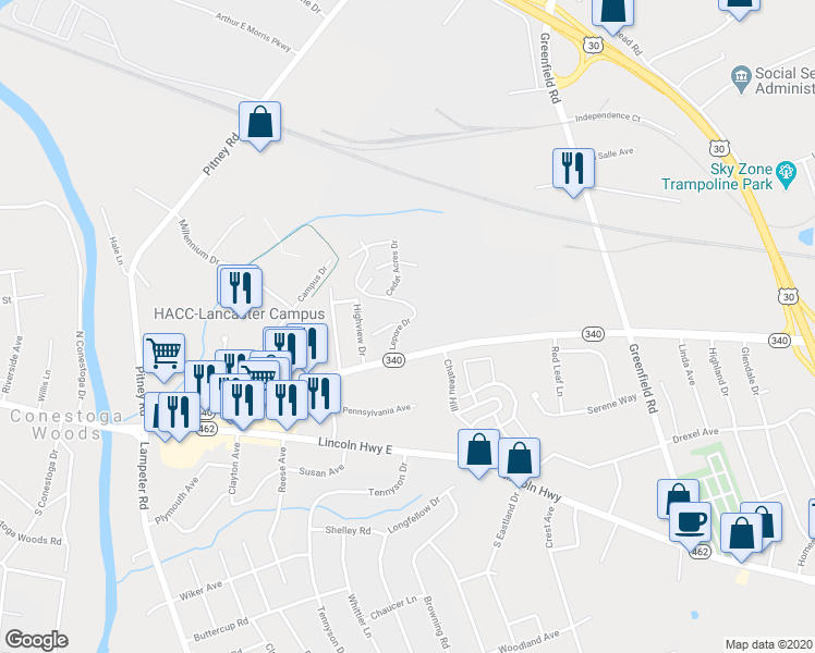 map of restaurants, bars, coffee shops, grocery stores, and more near 46 Lepore Drive in Lancaster
