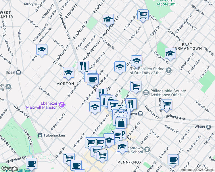 map of restaurants, bars, coffee shops, grocery stores, and more near 44 East Walnut Lane in Philadelphia