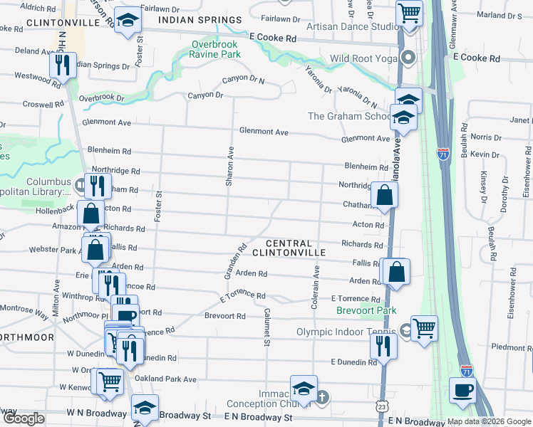 map of restaurants, bars, coffee shops, grocery stores, and more near 348 Acton Road in Columbus