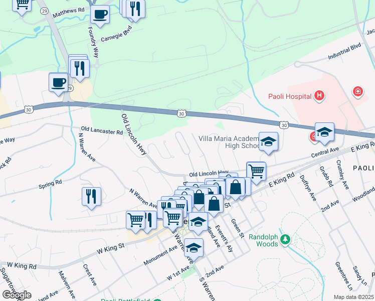map of restaurants, bars, coffee shops, grocery stores, and more near 233 Miner Street in Malvern