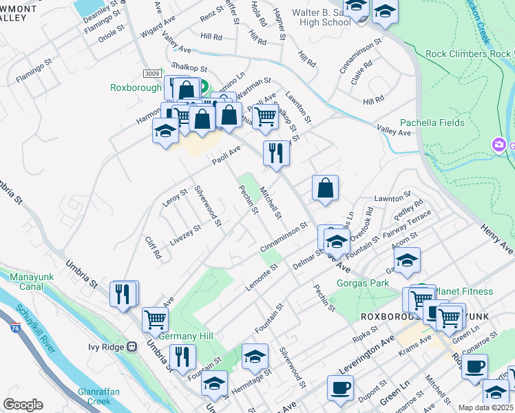 map of restaurants, bars, coffee shops, grocery stores, and more near 401 Parker Avenue in Philadelphia