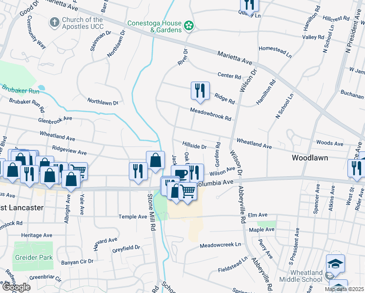 map of restaurants, bars, coffee shops, grocery stores, and more near 1302 Hillside Drive in Lancaster