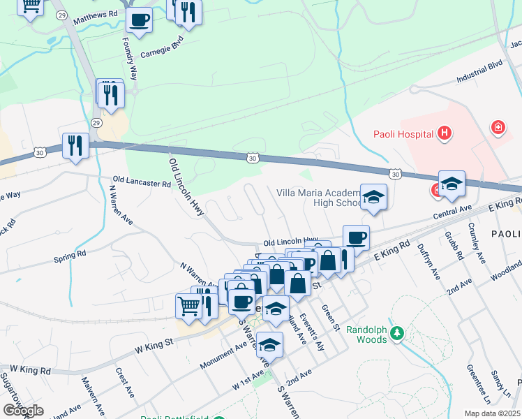 map of restaurants, bars, coffee shops, grocery stores, and more near 233 Miner Street in Malvern