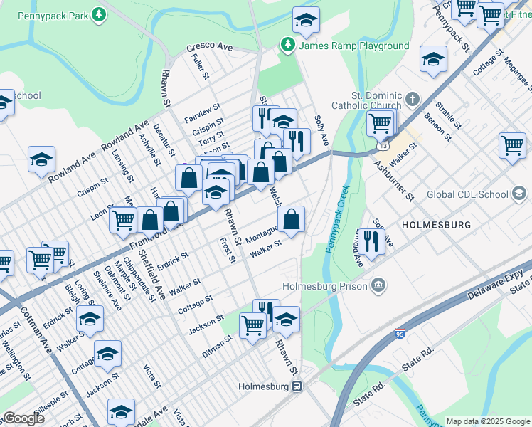 map of restaurants, bars, coffee shops, grocery stores, and more near 8056 Erdrick Street in Philadelphia