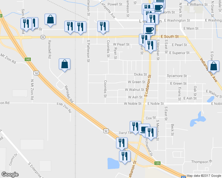 map of restaurants, bars, coffee shops, grocery stores, and more near 616 West Walnut Street in Lebanon