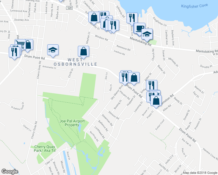 map of restaurants, bars, coffee shops, grocery stores, and more near 305 Elm Court in Brick