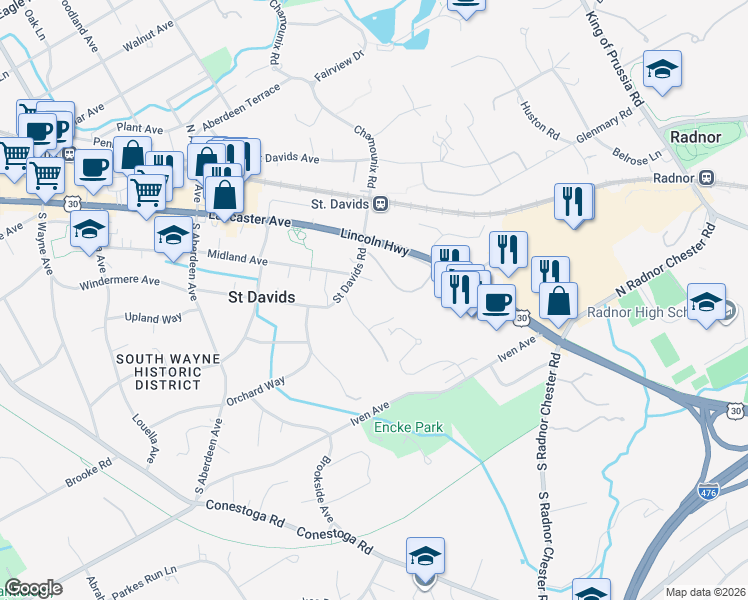 map of restaurants, bars, coffee shops, grocery stores, and more near 206 Saint Davids Court in Saint Davids