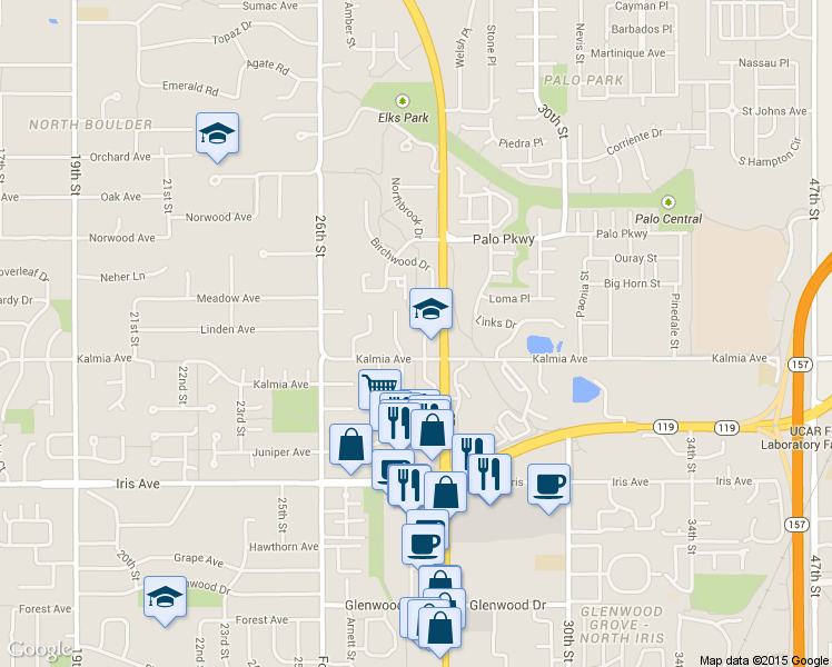 map of restaurants, bars, coffee shops, grocery stores, and more near 3639 Hazelwood Court in Boulder