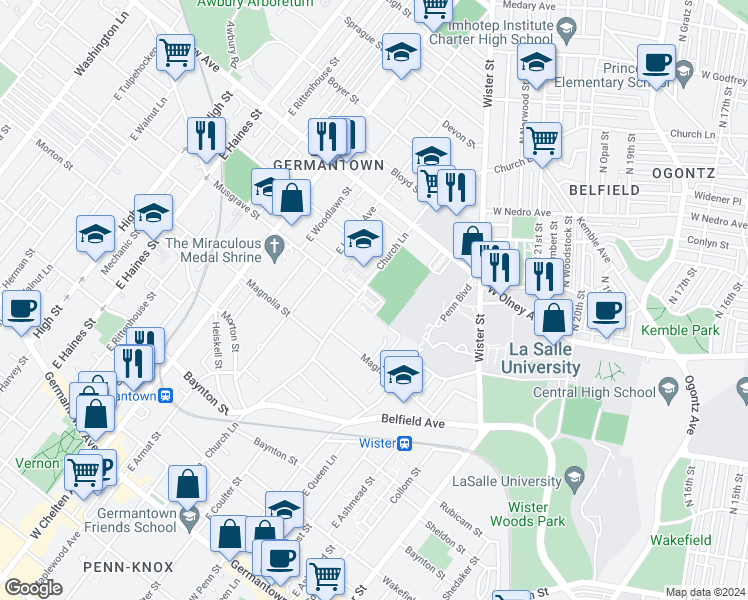 map of restaurants, bars, coffee shops, grocery stores, and more near 602 East Church Lane in Philadelphia