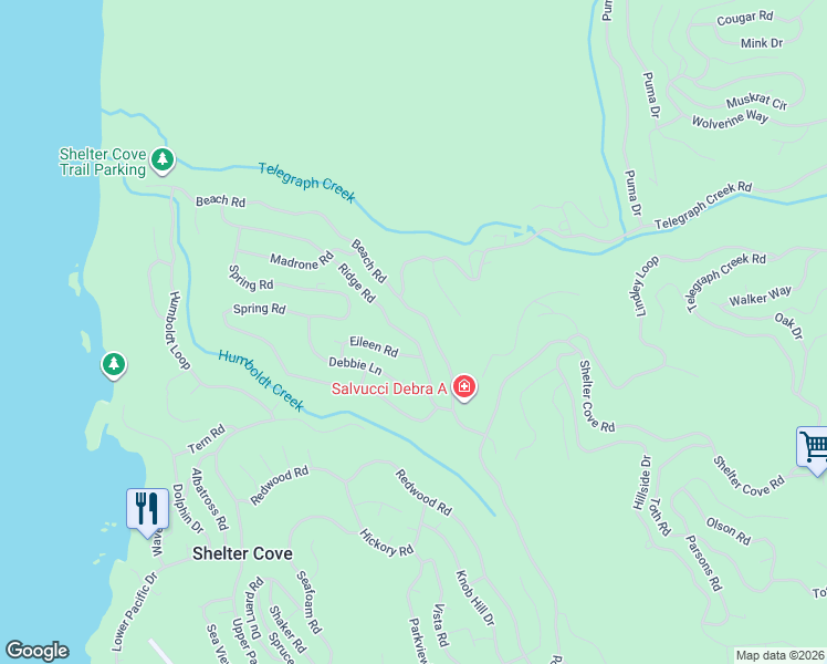 map of restaurants, bars, coffee shops, grocery stores, and more near 191 Ridge Road in Whitethorn