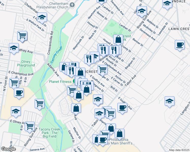 map of restaurants, bars, coffee shops, grocery stores, and more near 525 East Godfrey Avenue in Philadelphia