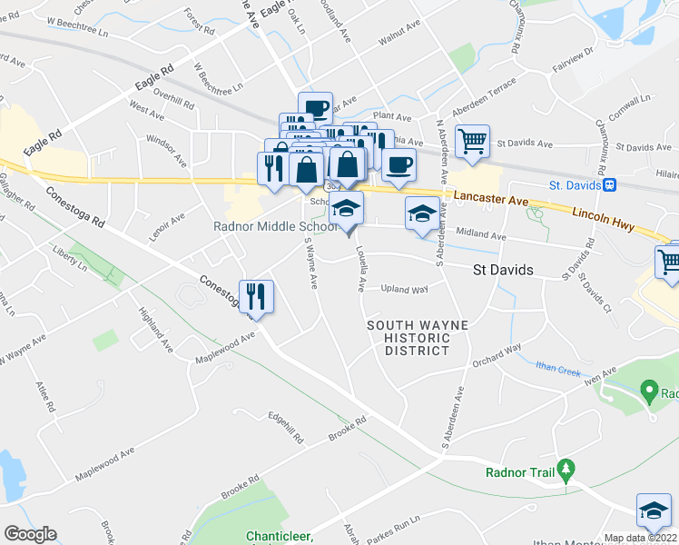 map of restaurants, bars, coffee shops, grocery stores, and more near 100 Windermere Avenue in Wayne