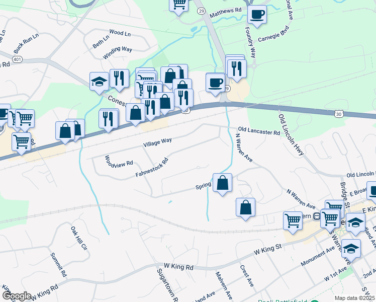 map of restaurants, bars, coffee shops, grocery stores, and more near 20 Fahnestock Road in Malvern