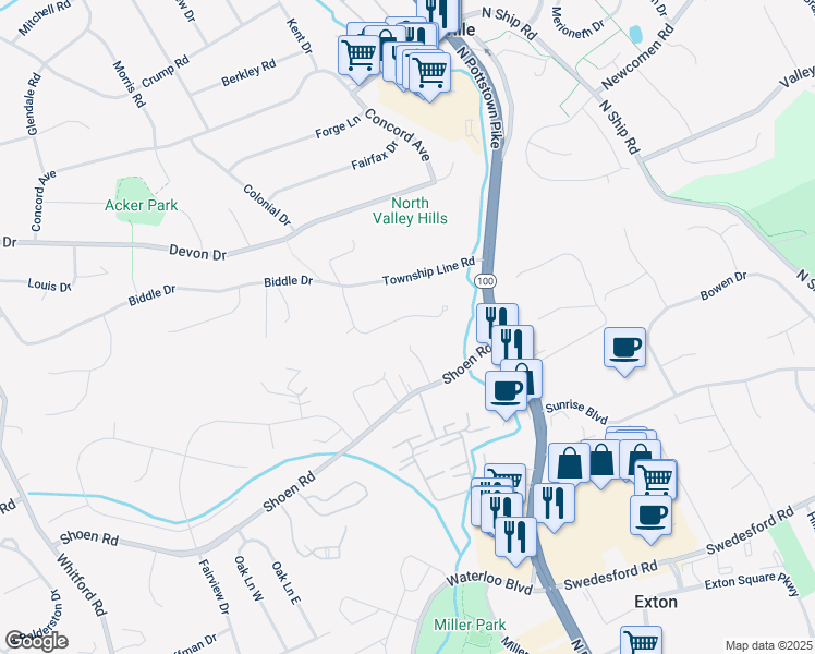 map of restaurants, bars, coffee shops, grocery stores, and more near 154 Valleyview Drive in Exton