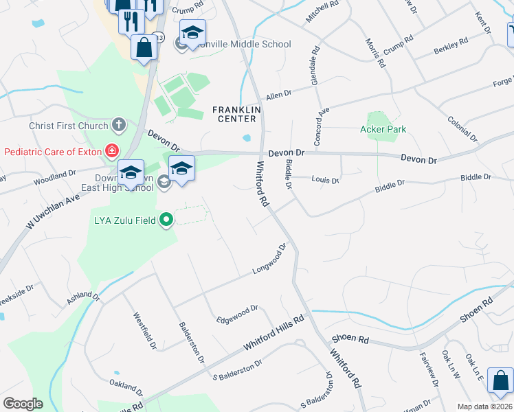 map of restaurants, bars, coffee shops, grocery stores, and more near 512 North Whitford Road in Exton