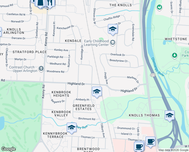 map of restaurants, bars, coffee shops, grocery stores, and more near 3968 Shattuck Avenue in Columbus