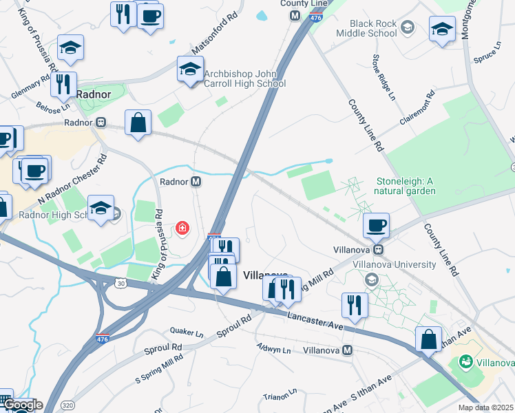 map of restaurants, bars, coffee shops, grocery stores, and more near 245 Ashwood Road in Villanova