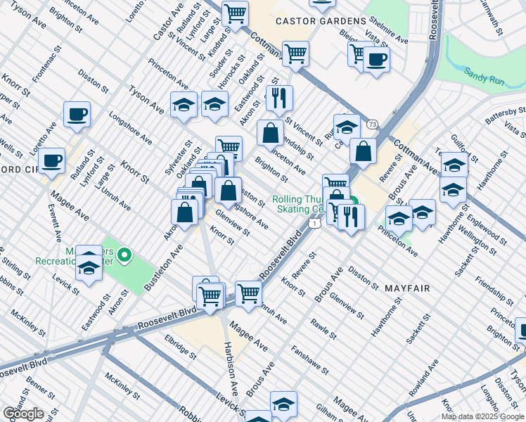 map of restaurants, bars, coffee shops, grocery stores, and more near 2200 Disston Street in Philadelphia