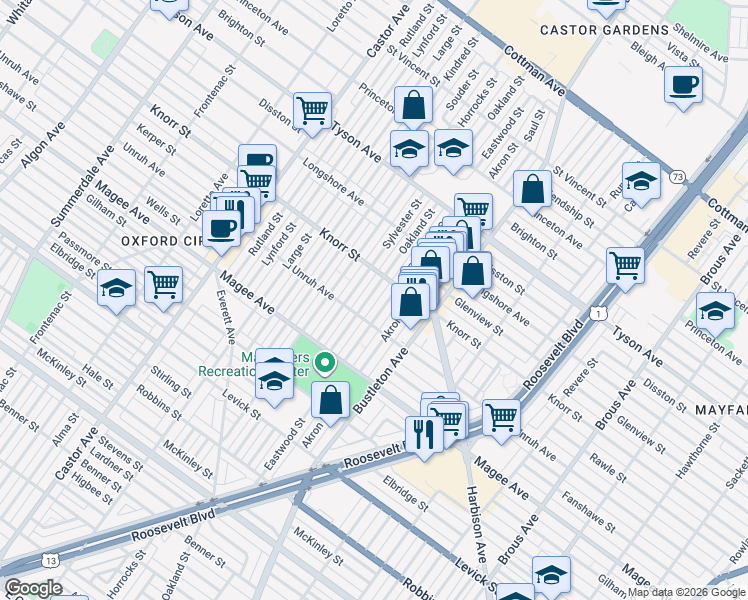map of restaurants, bars, coffee shops, grocery stores, and more near 6742 Eastwood Street in Philadelphia