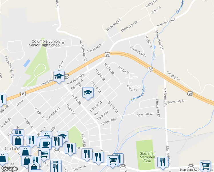 map of restaurants, bars, coffee shops, grocery stores, and more near 1130 Walnut St in Columbia