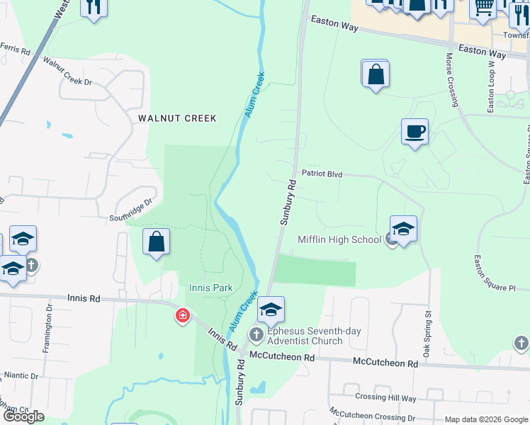 map of restaurants, bars, coffee shops, grocery stores, and more near 3931 Sunbury Road in Columbus