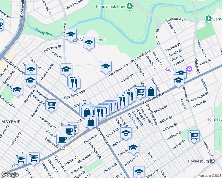 map of restaurants, bars, coffee shops, grocery stores, and more near 3402 Shelmire Avenue in Philadelphia
