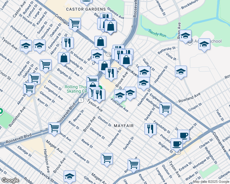 map of restaurants, bars, coffee shops, grocery stores, and more near 7129 Brous Avenue in Philadelphia
