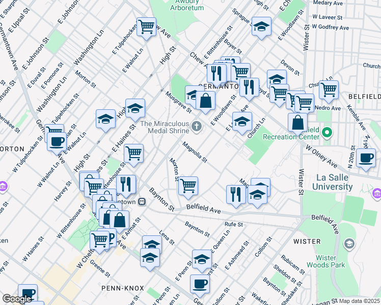 map of restaurants, bars, coffee shops, grocery stores, and more near 440 East Woodlawn Street in Philadelphia
