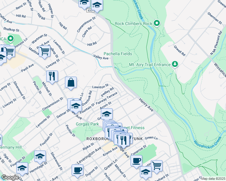 map of restaurants, bars, coffee shops, grocery stores, and more near 591 Pedley Road in Philadelphia