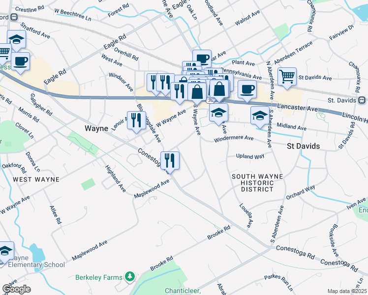 map of restaurants, bars, coffee shops, grocery stores, and more near 116 Runnymede Avenue in Wayne