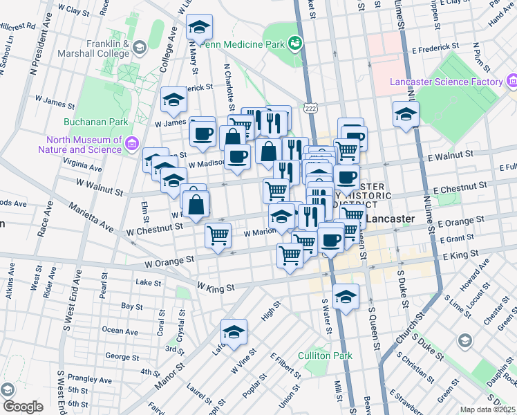map of restaurants, bars, coffee shops, grocery stores, and more near 210 North Concord Street in Lancaster