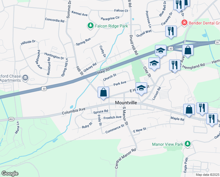 map of restaurants, bars, coffee shops, grocery stores, and more near 46 Park Avenue in Mountville